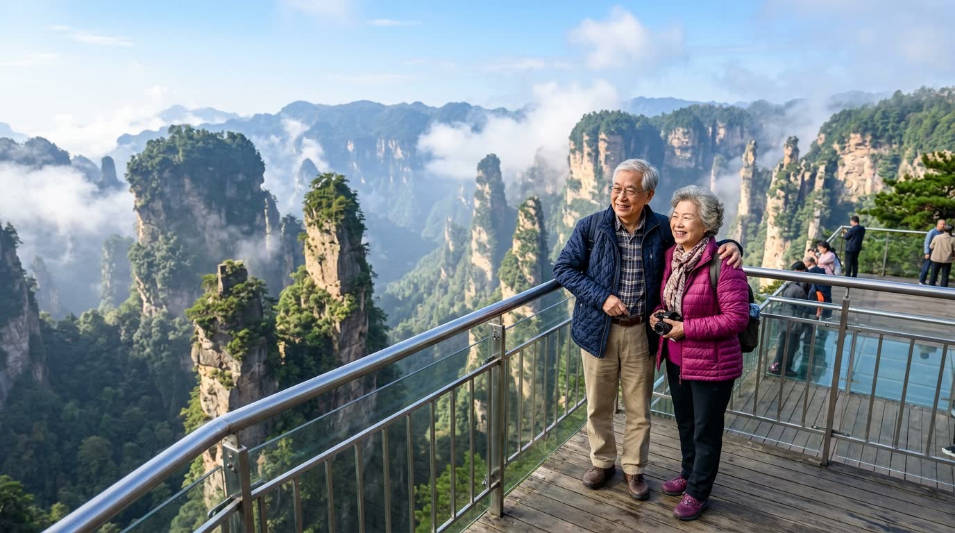 An older couple enjoying the mountain view in Zhangjiajie