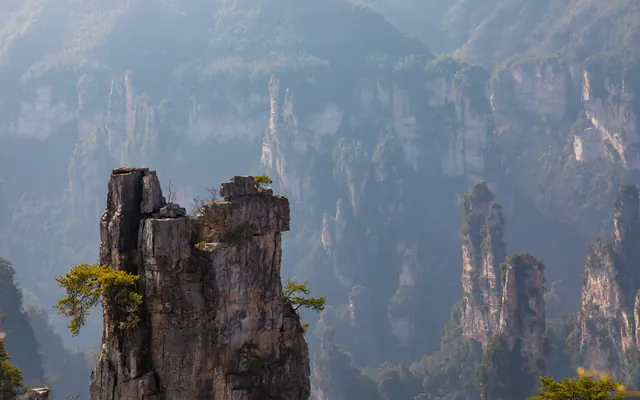 Layered sandstone pillars in Zhangjiajie National Forest Park